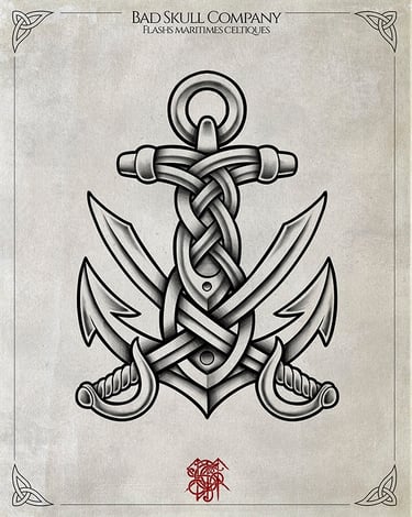 Traditional Celtic knot anchor tattoo flash art featuring crossed pirate cutlass swords in black and grey.