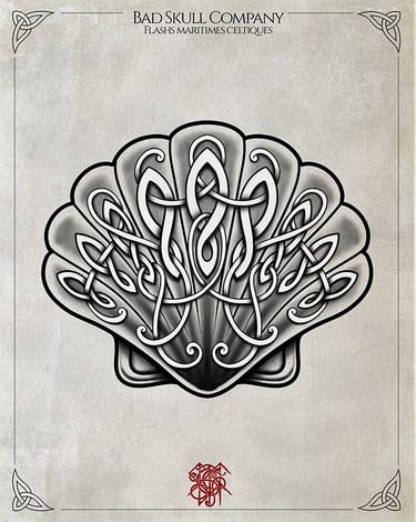 Celtic knot tattoo flash design featuring an intricate scallop seashell on vintage parchment paper.