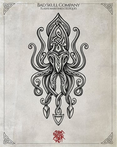 Detailed black and grey Celtic kraken tattoo flash art with intricate knotwork patterns on parchment background.