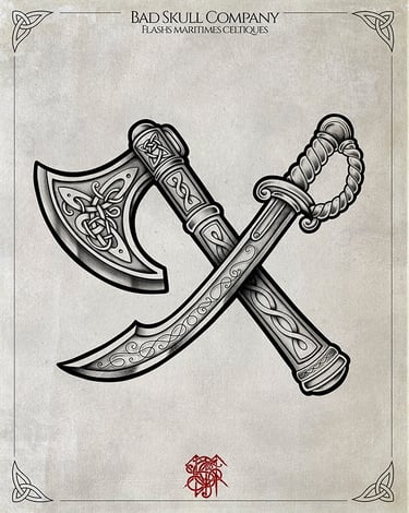 A crossed Viking axe and curved cutlass sword tattoo flash art featuring intricate Celtic knotwork designs.