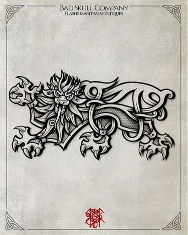 Celtic knotwork tattoo flash of a stylized lion with intricate maritime patterns and knot designs.