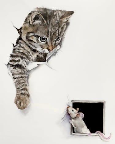 Gatto e topo dipinti su porcellana