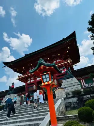 Red torii gate and lantern at the entrance of Fushimi Inari shrine in Kyoto