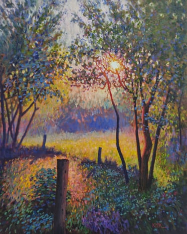 Impressionist oil painting of a sunlit meadow with vibrant trees and a rural fence at sunrise.