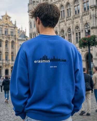 Espalda de sudadera Erasmus Bruxelles con diseño skyline