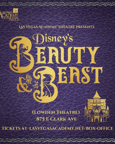 Purple leather book cover that reads: Las Vegas Academy Theatre Presents Disney's Beauty & the Beast.