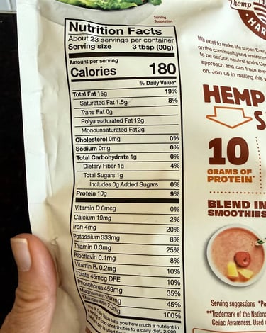 Nutrition facts label for Manitoba Harvest hemp hearts showing protein, fats, and minerals.