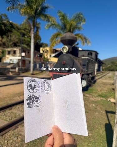 Passaporte da Estrada Real com carimbos de Rio Acima, Nova Lima e Raposos, destinos turisticos de Mi