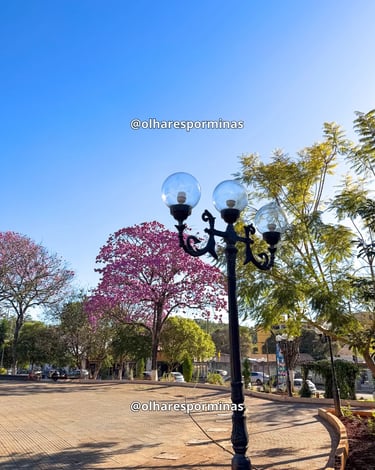 Praça da Matriz de Itatiaiuçu com poste antigo, árvores floridas e céu azul