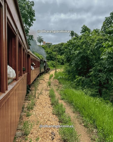 Vista do trajeto da Maria Fumaça de Tiradentes com vagões, trilhos e paisagem rural em Minas Gerais
