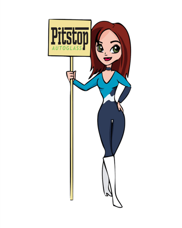 Cartoon illustration of Pitstop Auto Glass mascot holding a branded sign for windshield repair services.