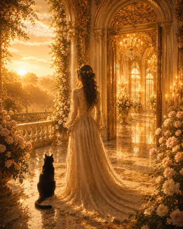 elegant woman on a golden balcony with crystal chandeliers and a black cat to her left and roses