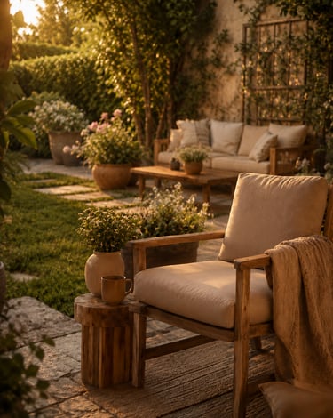 Cozy garden space with soft sunset lighting and relaxed lounge furniture, inspired by warm European outdoor living
