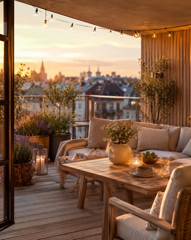 Cozy balcony with warm ambient lighting and natural wooden textures, inspired by warm European outdoor living