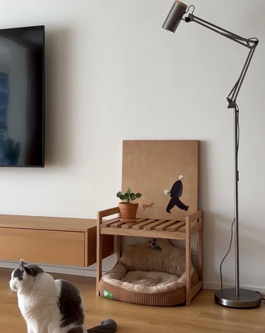 Small apartment cat furniture with natural wood, soft cushion, neutral decor and a cat in a calm mod