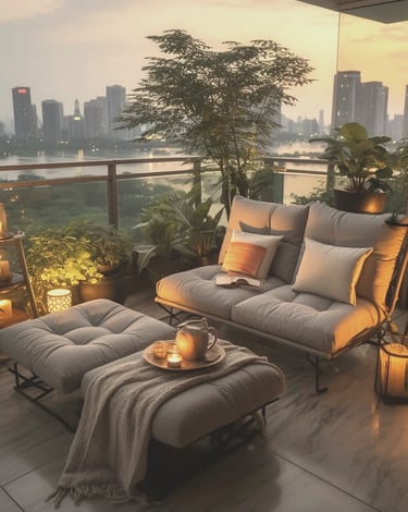 elevated city balcony with cozy outdoor lounge furniture and golden evening light