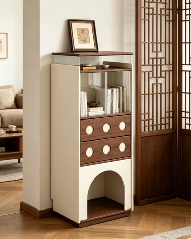 Neutral furniture-style cat cabinet with a rounded entrance, storage space and warm wood details for