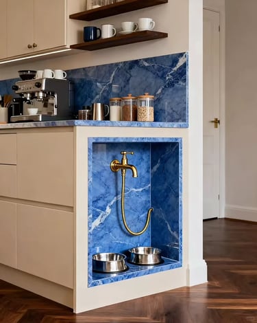 Modern kitchen pet feeding area with stainless steel bowls, blue tile backsplash and a built-in wate