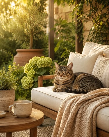 Cozy pet-friendly outdoor corner with calm evening lighting and soft textures, inspired by warm Euro