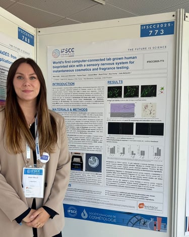 A researcher presents a scientific poster on bioprinted skin with a sensory nervous system at IFSCC Congress.
