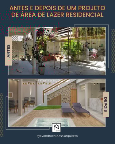 Antes e Depois de projeto de Arquitetura e Interiores de Área de Lazer em São Paulo