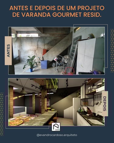 Antes e Depois de projeto de Arquitetura e Interiores de Área Gourmet em São Paulo
