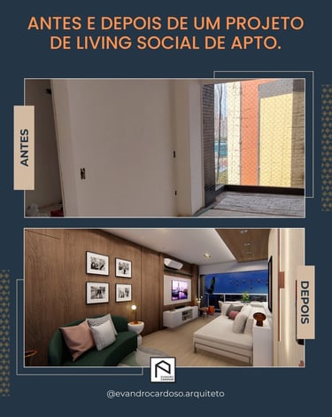 Antes e Depois de projeto de Arquitetura e Interiores de Área de Estar Living de apartamento em SP
