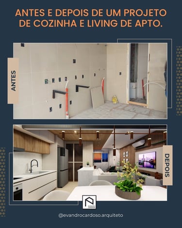 Antes e Depois de projeto de projeto de cozinha integrada com sala de estar em São Paulo