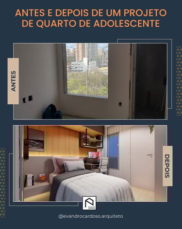 Antes e Depois de projeto de Arquitetura e Interiores de Quarto de Adolescente em São Paulo
