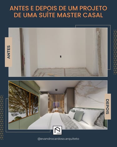 Antes e Depois de projeto de Arquitetura e Interiores de uma suíte master casal em São Paulo