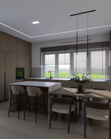 jauki virtuvė, sala su valgomuoju stalu, kėdės, virtuvės dizainas