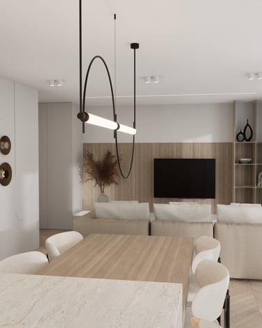 svetainė, tv baldas, prieškambaris, bendra erdvė, japandi, valgomasis stalas