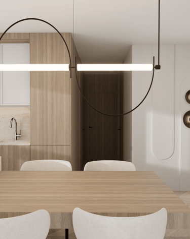 japandi stilius, šviesi virtuvė, valgomasis, stalas, šviestuvai, virtuvė su sala