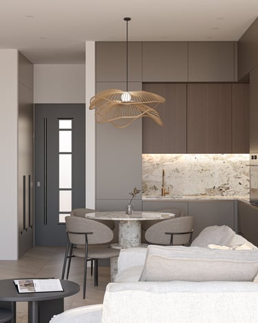 Svetainė, virtuvė, jauki virtuvė, virtuvė, valgomasis, apvalus stalas, durys iki lubų, sofa, stalas