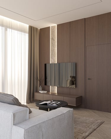 TV baldo dizainas, tv baldas, sofa, toršeras, paslėptos durys, jaukus apšvietimas