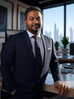 a man in a suit and tie standing in front of a desk