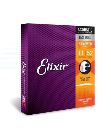 Elixir Strings 80/20 Bronze Acoustic Guitar Stings w/NANOWEB Coating, Custom Light (.011-.052)