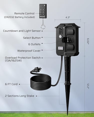 Outdoor Power Stake Timer Waterproof, 6 Grounded Outlets, 6FT Extension Cord, 100FT Wireless Remote 