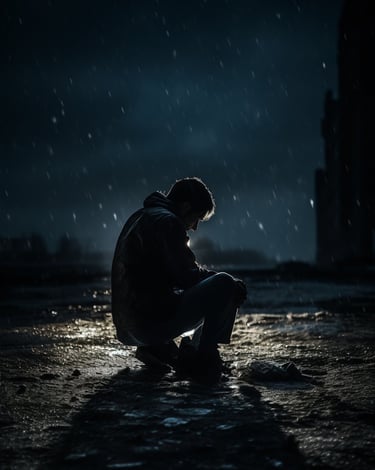 Hombre en cuclillas pensativo bajo la lluvia https://bit.ly/44QmqeE