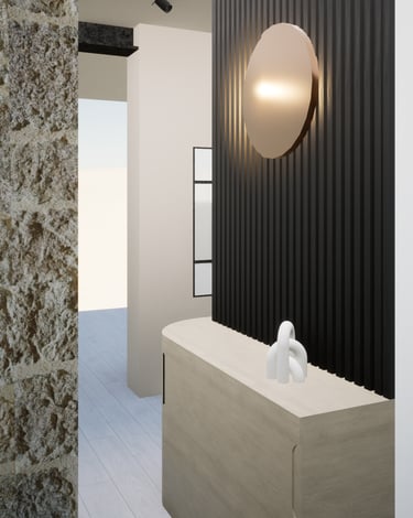 Zoom sur le mobilier sur mesure noir et bois avec luminaire rond