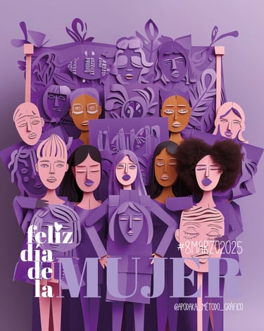 Ilustración en tonos morados por el Día Internacional de la Mujer 2025 con grupo de mujeres diversas