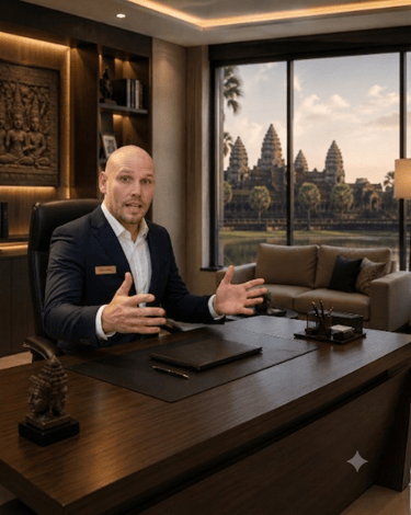 alt="Angkor Herbal Solutions founder presenting free marketing templates from his office"