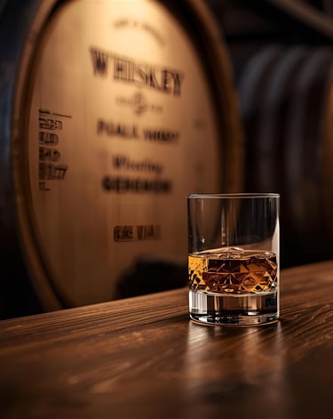a glass of whiskey on a wooden table