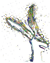 Pop art of a magic rabbit shown as an outline made of splashes of swirling color.
