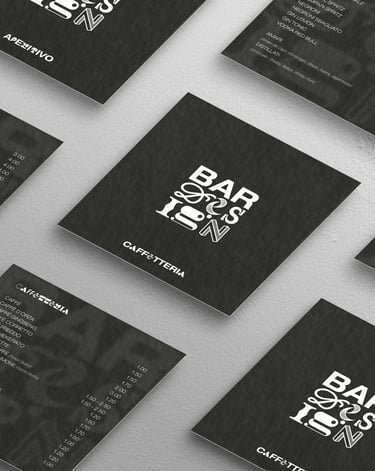 Black and white modern cafe menu cards with minimalist typography and logo design layout.