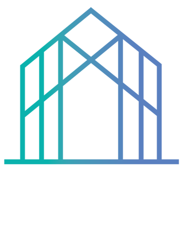 A minimalist blue and teal gradient house icon featuring geometric line art architecture.