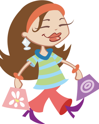 a cartoon girl with a shopping bag and a phone
