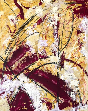 Gold and purple abstract painting with bold black marks.