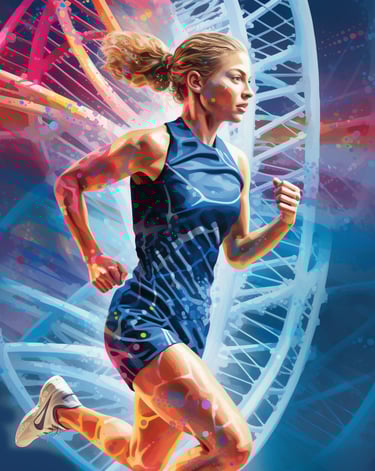 a woman running in a blue dress with a dna structure