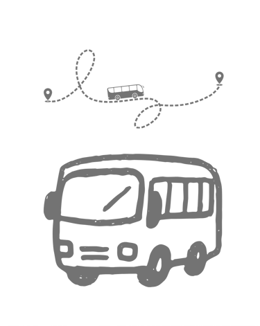 Doodle illustration of a tour bus traveling along a dotted route between two location pins.
